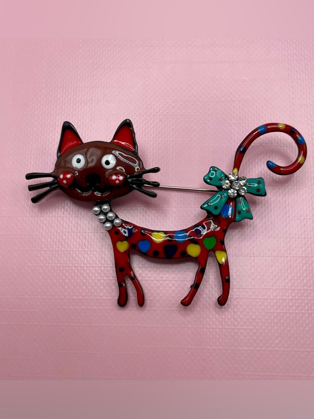 Whimsical Red Cat Brooch with Multicolor Hearts and Teal Bow